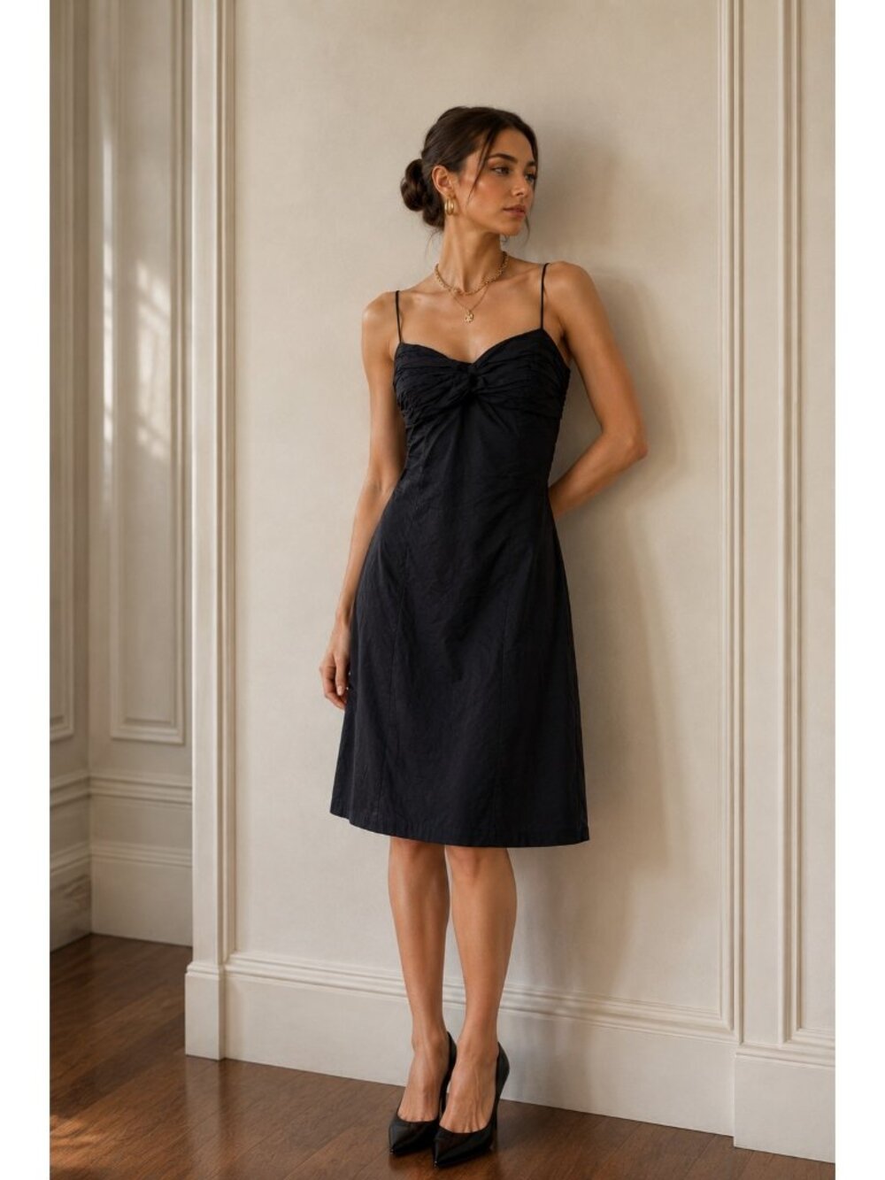 Club Monaco Black Ruched Bust Cotton Midi Slip Dress Size 4 Spaghetti Strap